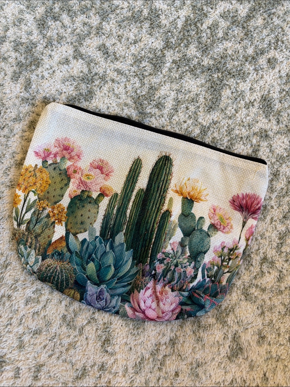 Desert Succulent & Cactus Poly Canvas Burlap Cosmetic Travel Bag NWT 10x8”